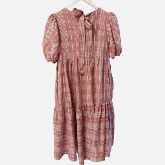 English Factory Pink Plaid Puff Sleeve Tie Back Tiered Midi Dress Women's M - Picture 6 of 8